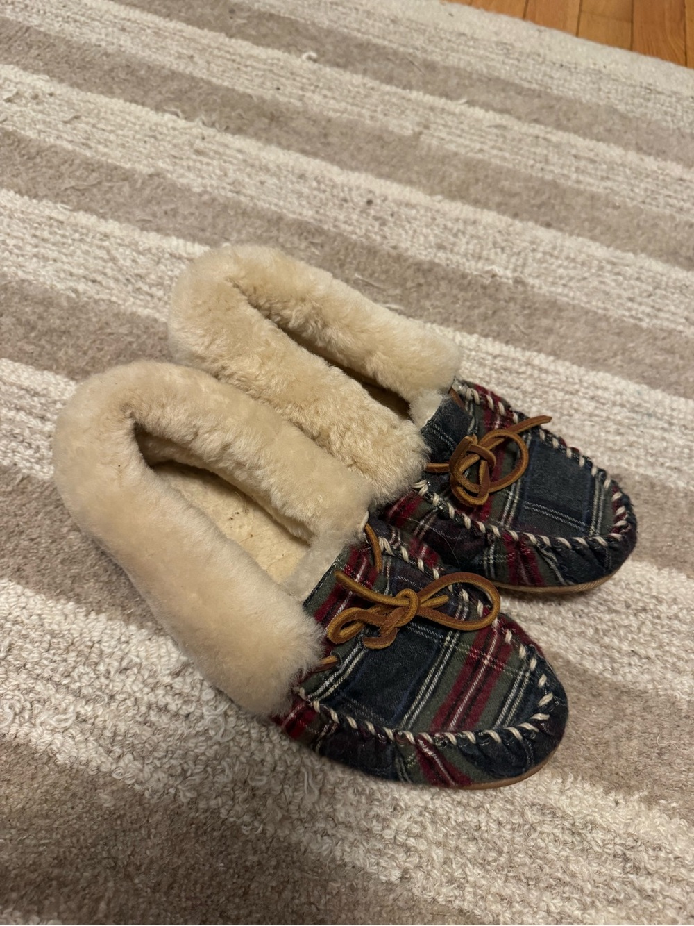 L.L. Bean Plaid Fleece-Lined Women's Moccasin Slippers - Navy, Red, Cream